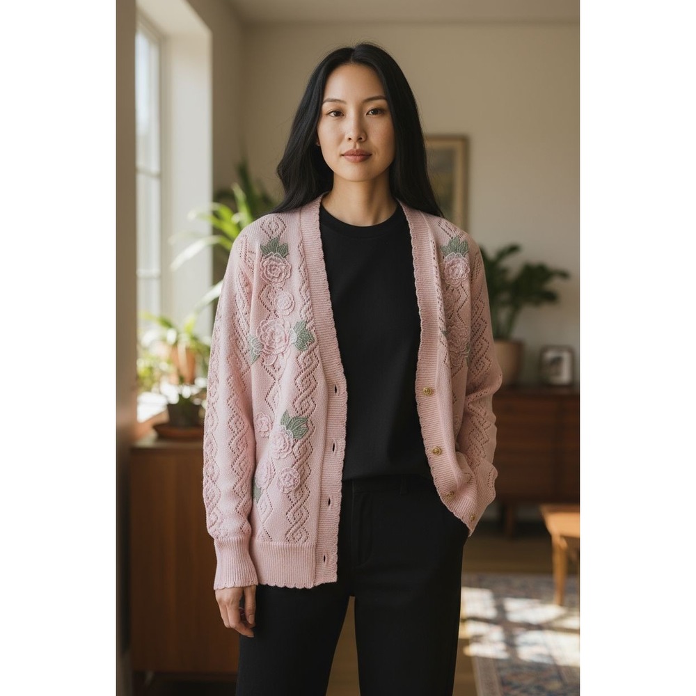 Vintage Pointelle Grandma Knit 3D Floral Cardigan- Coquette Prairie Korean Sz L